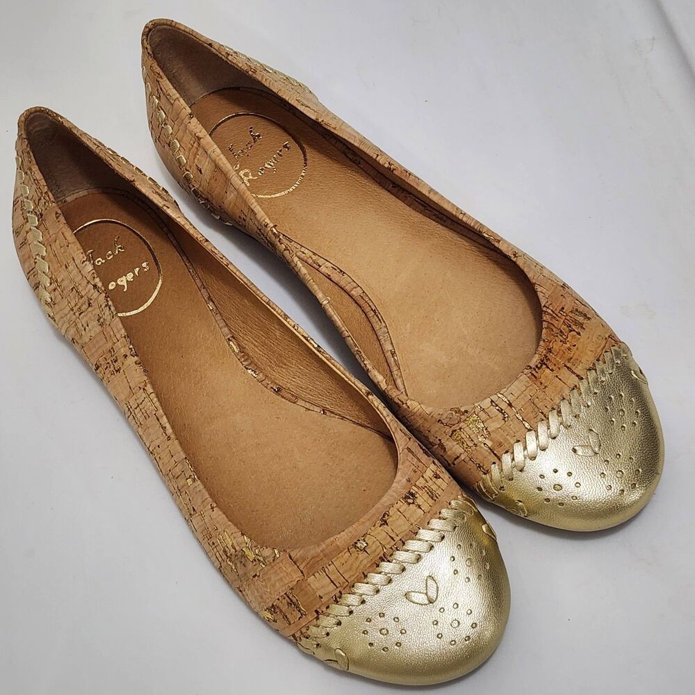 Jack Rogers Delfino Ballet Flats Leather Cork Gold Cap Toe Eyelet Womens 7.5M